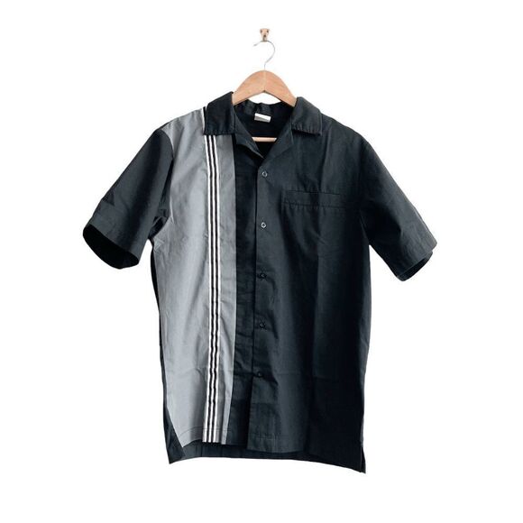 Hilton Bowling Retro Mens Button Down Shirt Short Sleeve Black Gray Stripe Small - Picture 1 of 8